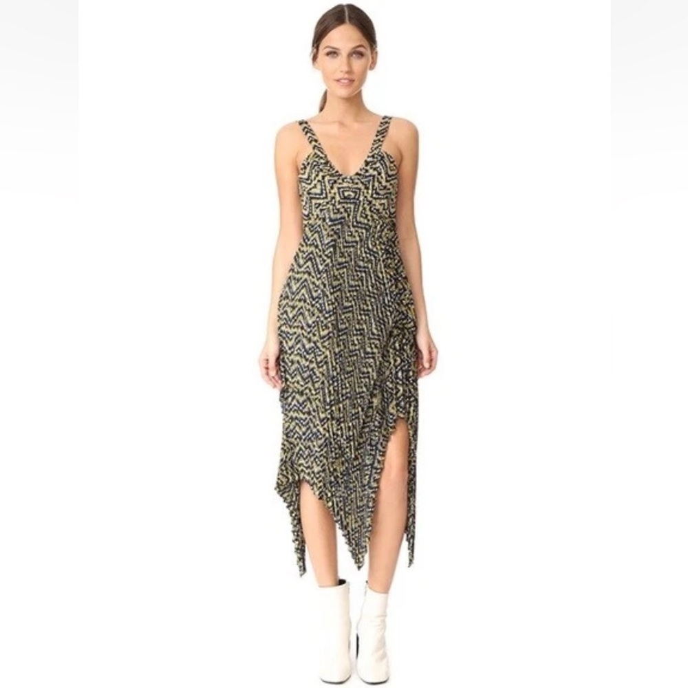 NWOT A.L.C. Kendall Ikat Print Silk Layer Dress Yellow Black Boho Women’s Size 2